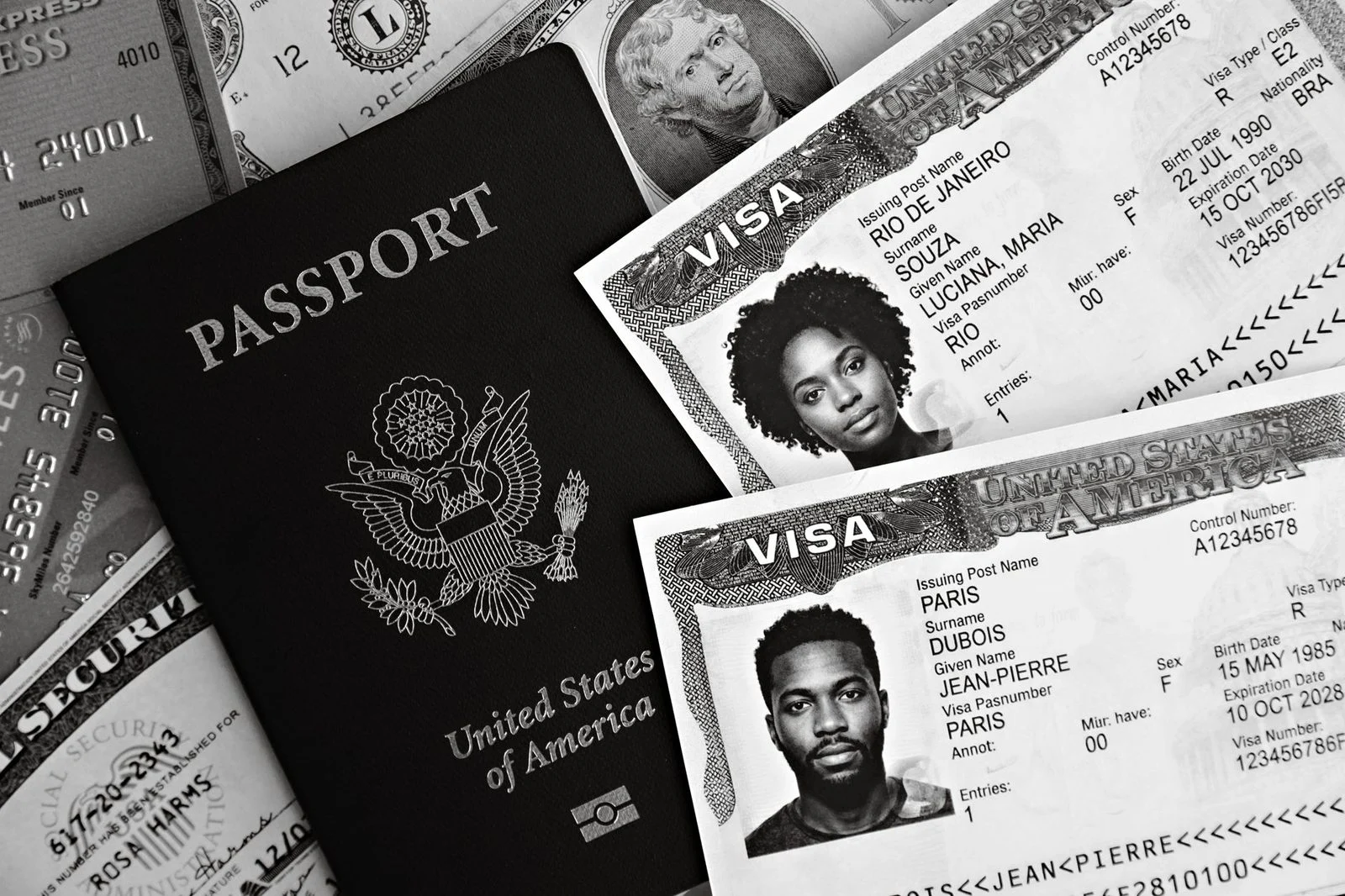 Primer plano de un pasaporte estadounidense con sellos de visa y billetes sobre una mesa.