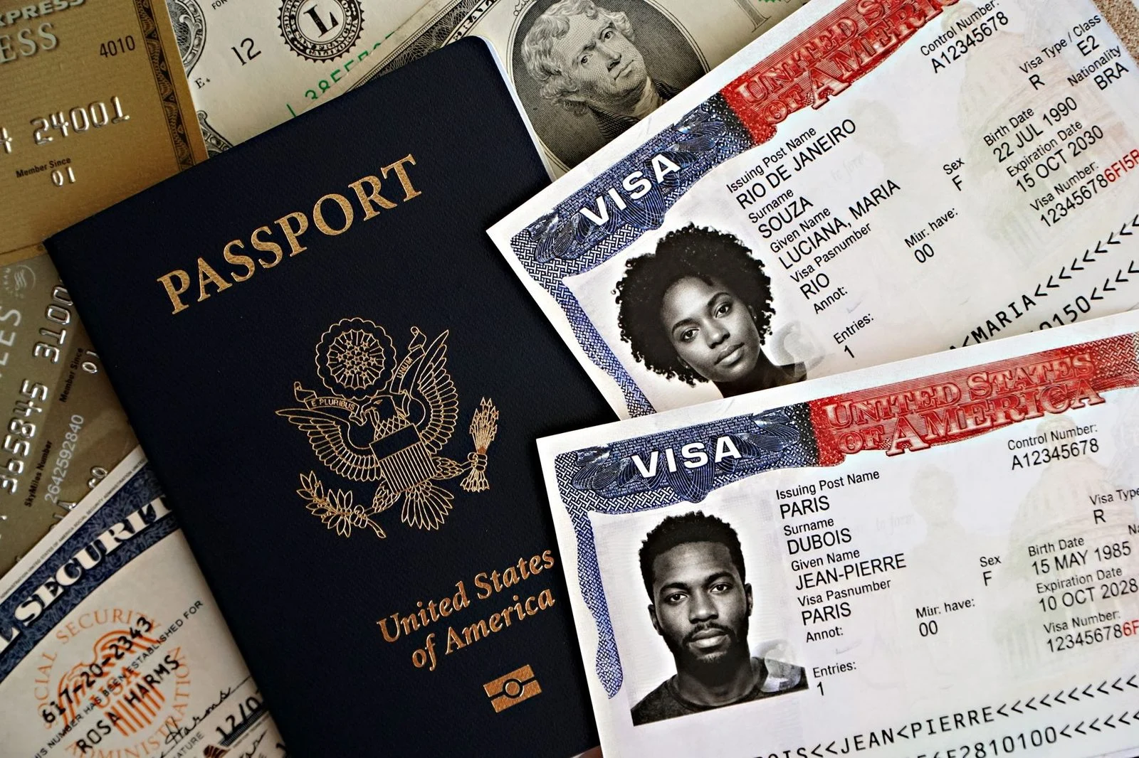 A close-up of an open U.S. passport showing visa stamps, with cash lying beside it.
