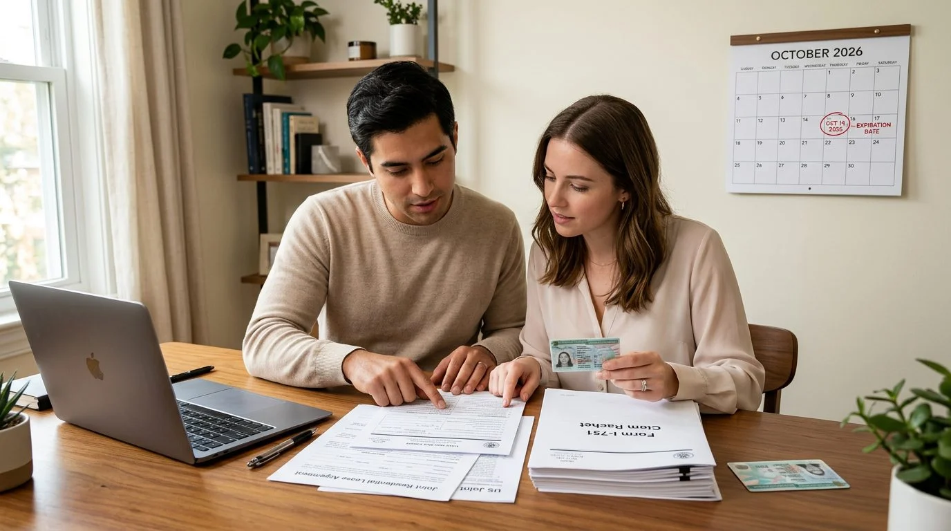 A couple reviews paperwork at a home desk, including a Form I-751 packet, a conditional green card, and a calendar with a circled date.