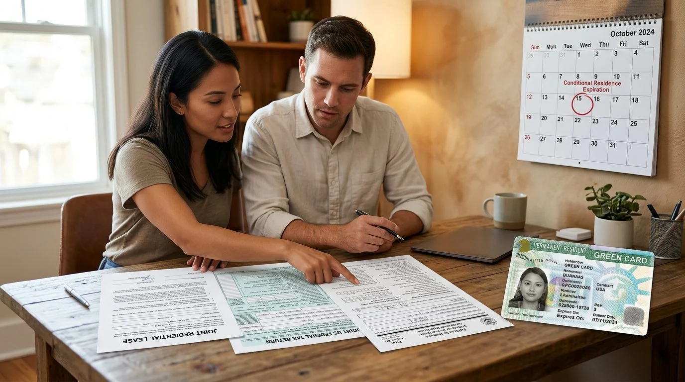 A couple's joint lease, tax return, and Form I-751 packet on a desk beside a conditional green card.