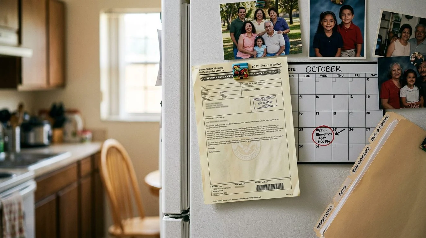A family refrigerator door holds a federal filing receipt, a biometrics appointment calendar, and proof-of-relationship folders.