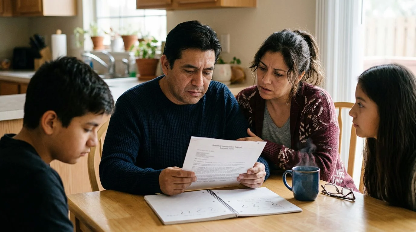 A family sits at a kitchen table reading a Board of Immigration Appeals letter, with a notebook and tea beside them.