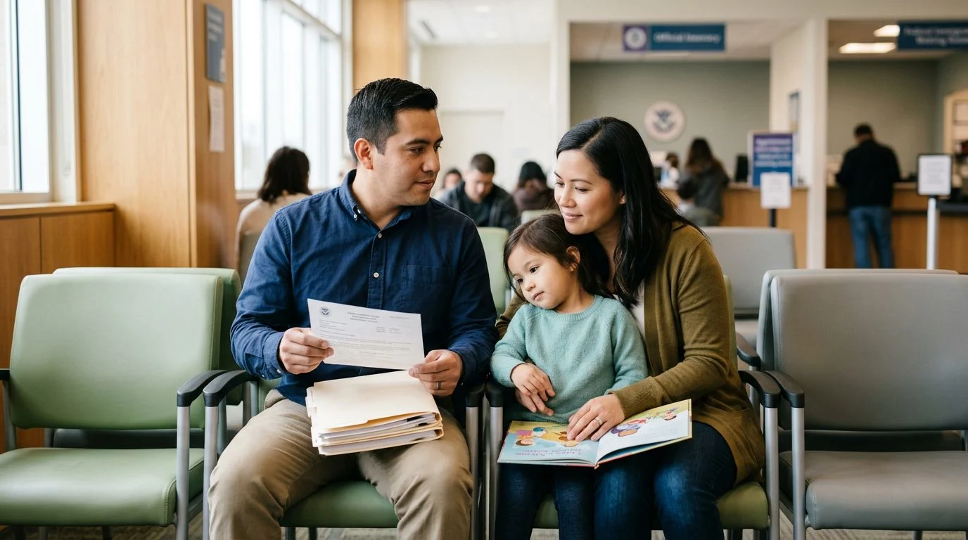 Una familia espera tranquila en una sala de una oficina federal de inmigración, sosteniendo un aviso de cita y una carpeta de documentos.