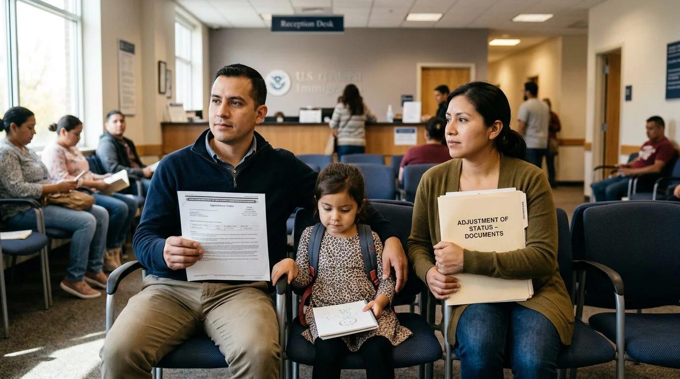 Una familia espera tranquila en una sala de oficina de inmigración, sosteniendo un aviso de cita y una carpeta de documentos.