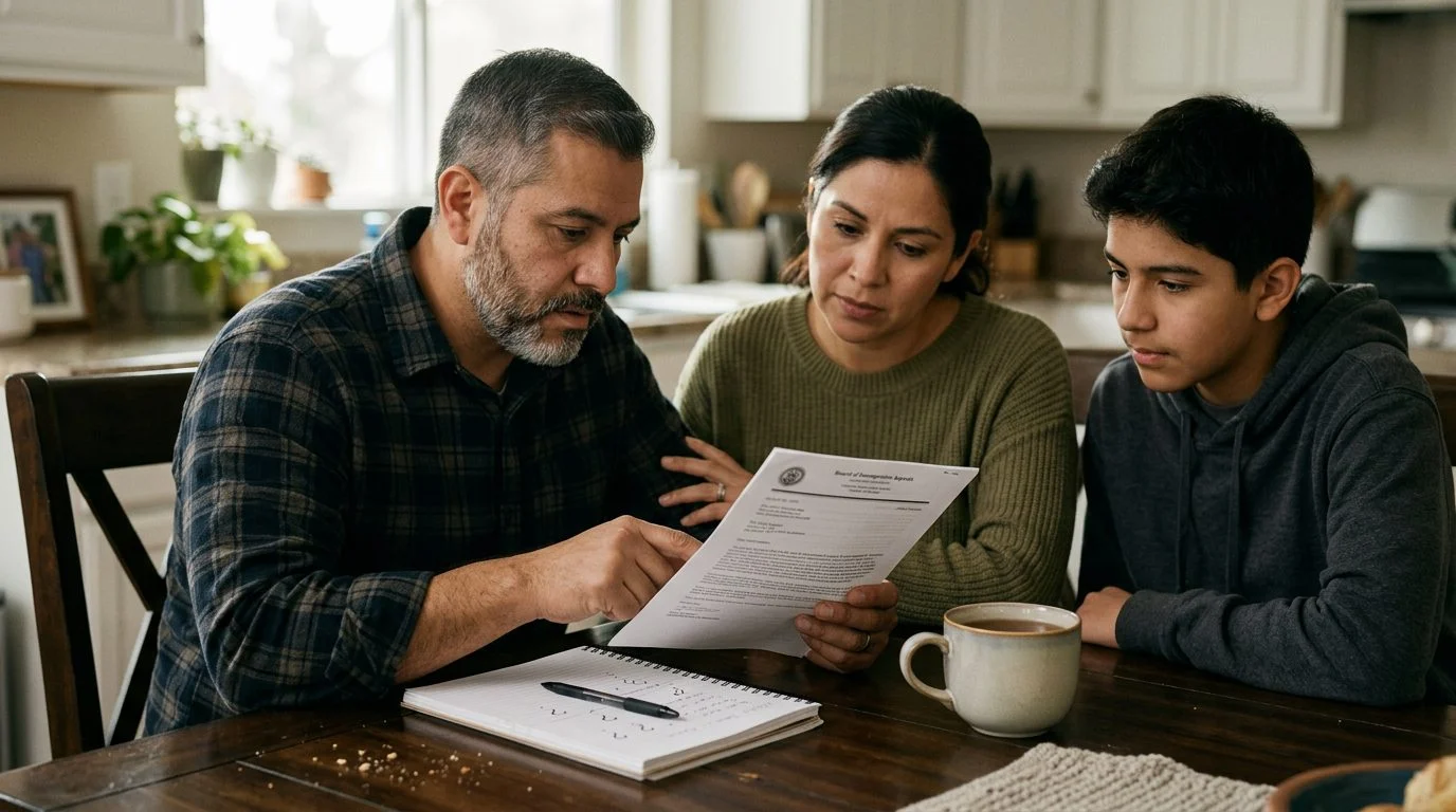 A family sits together at a kitchen table reading a letter, with a notebook of questions and a cup of tea nearby.