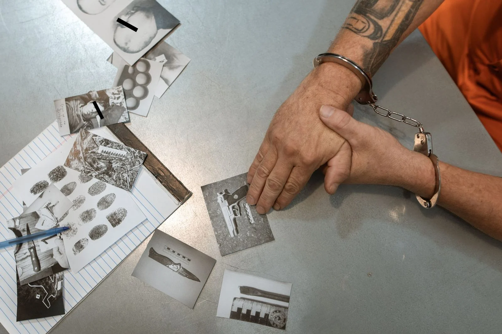 A person in handcuffs looks over evidence photos and documents during an investigation.