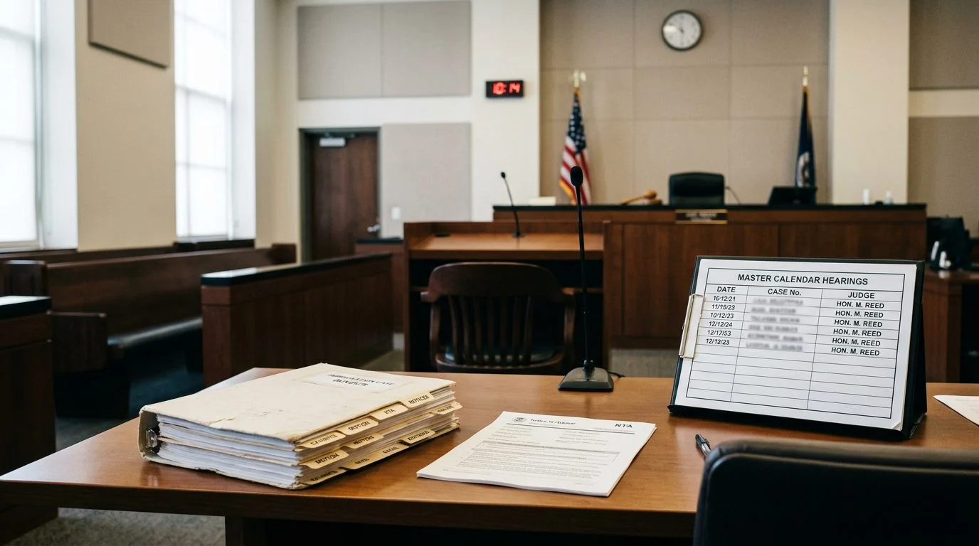 An empty immigration courtroom with a case binder and notice to appear on the defense table, facing an empty witness chair.