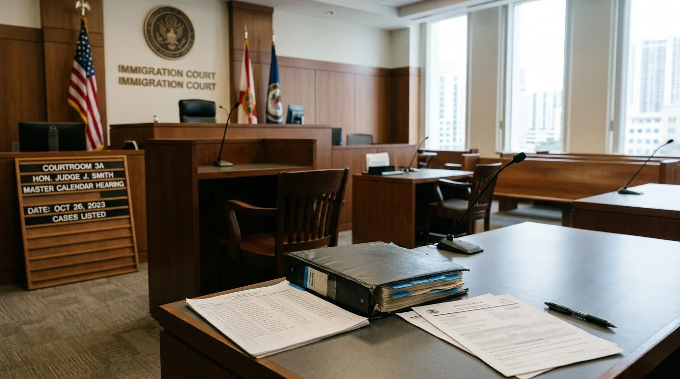 An empty immigration courtroom with a case binder and notice to appear on the defense table, facing the bench.