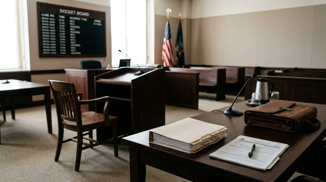 An immigration court hearing room with a defense table holding a notice to appear and a tabbed case binder, facing an empty witness chair.