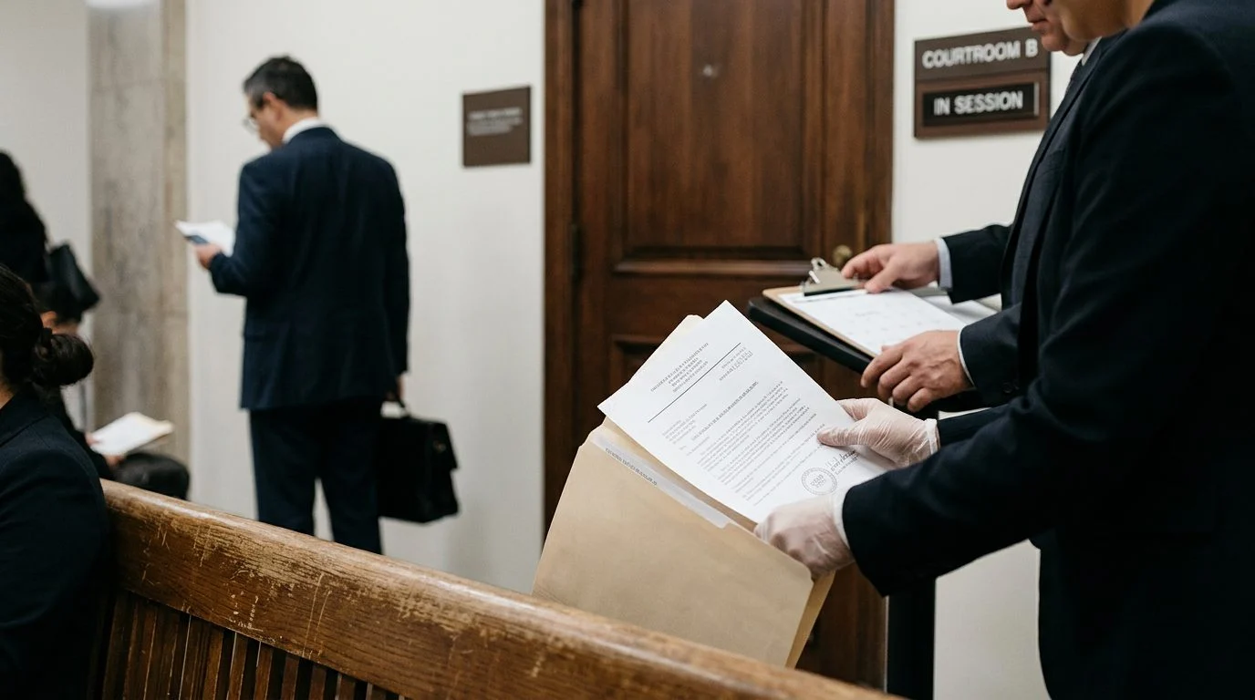 Primer plano de una banca vacía de la sala pública y una mesa de madera con un documento legal y una pluma en un tribunal de inmigración.