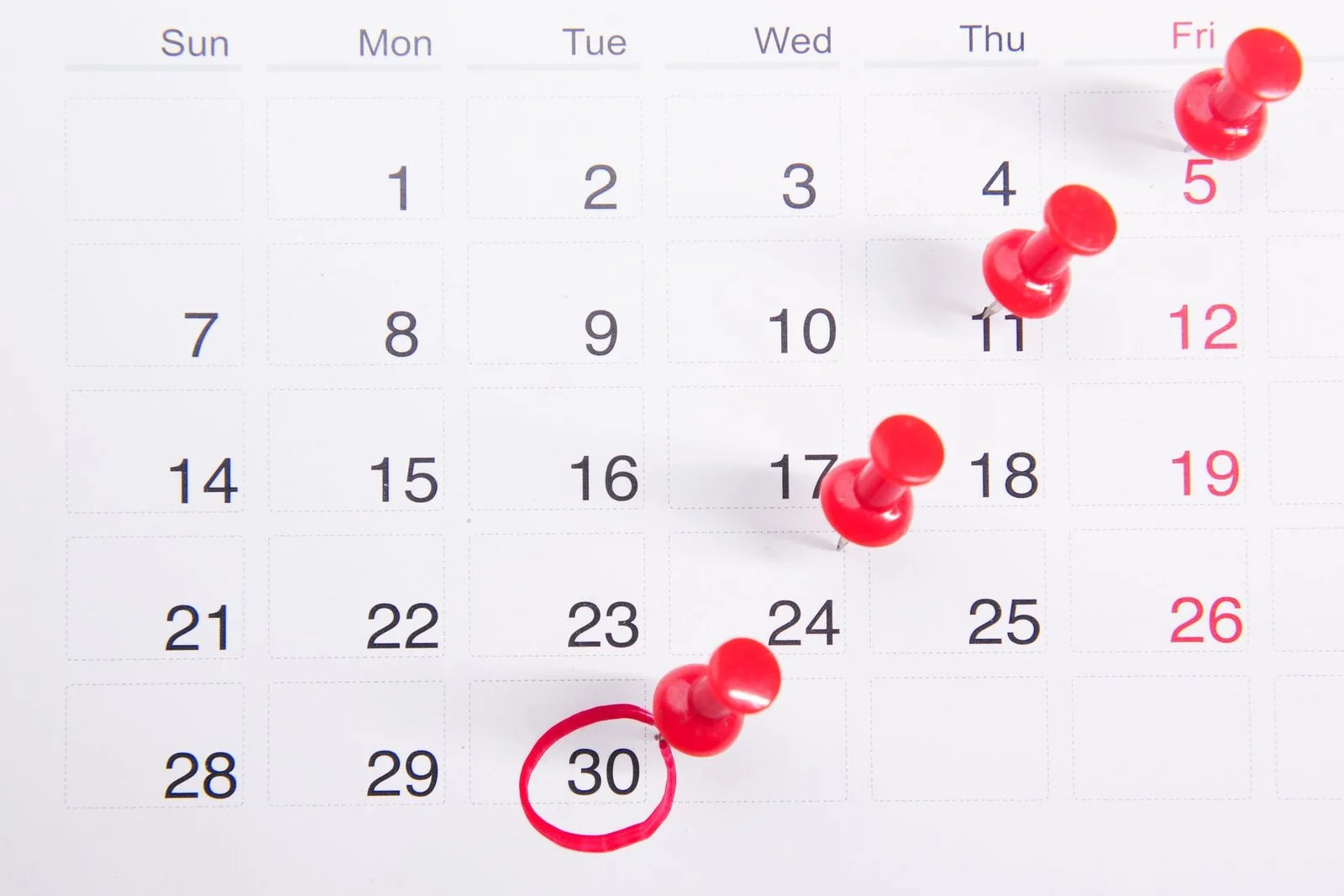Close-up of a wall calendar with red push pins marking important dates.