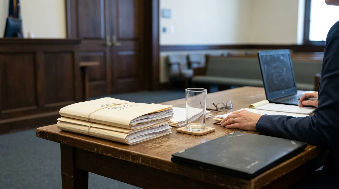 Close-up of a wooden courtroom bench and a legal document on a table in an immigration court hearing room.