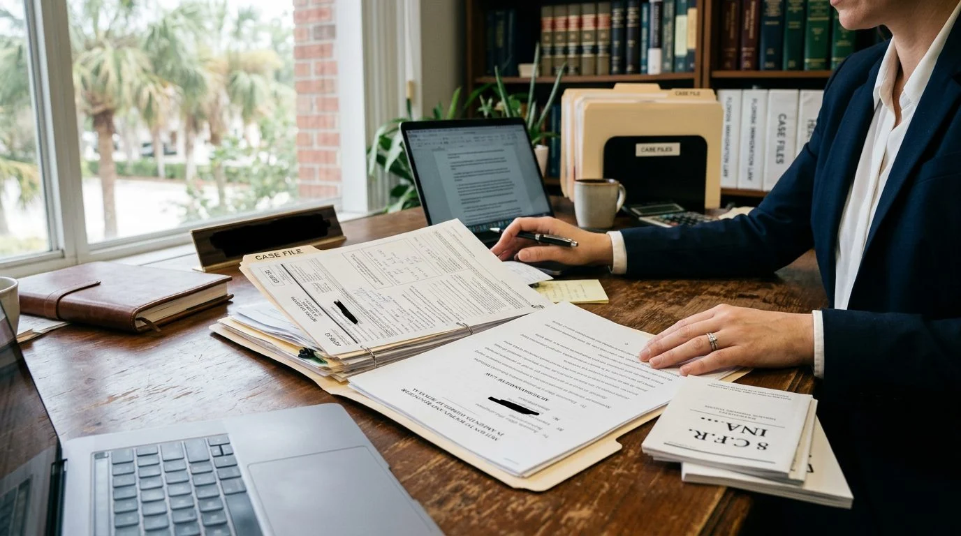 Close-up of legal documents, a pen, and a wooden gavel on a desk in a Florida courtroom setting.