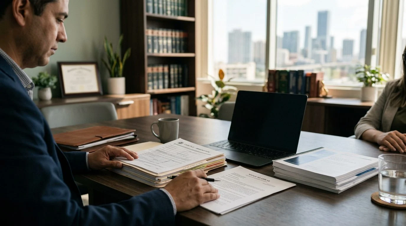 Close-up of legal papers, a pen, and a folder on a desk in a law office.