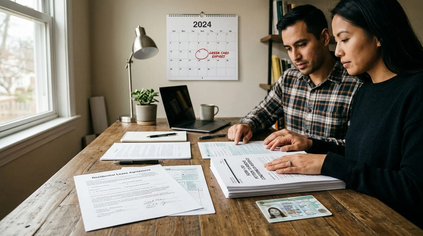 Desk with a joint lease, joint tax return, Form I-751 packet, and conditional green card beside a circled calendar date.