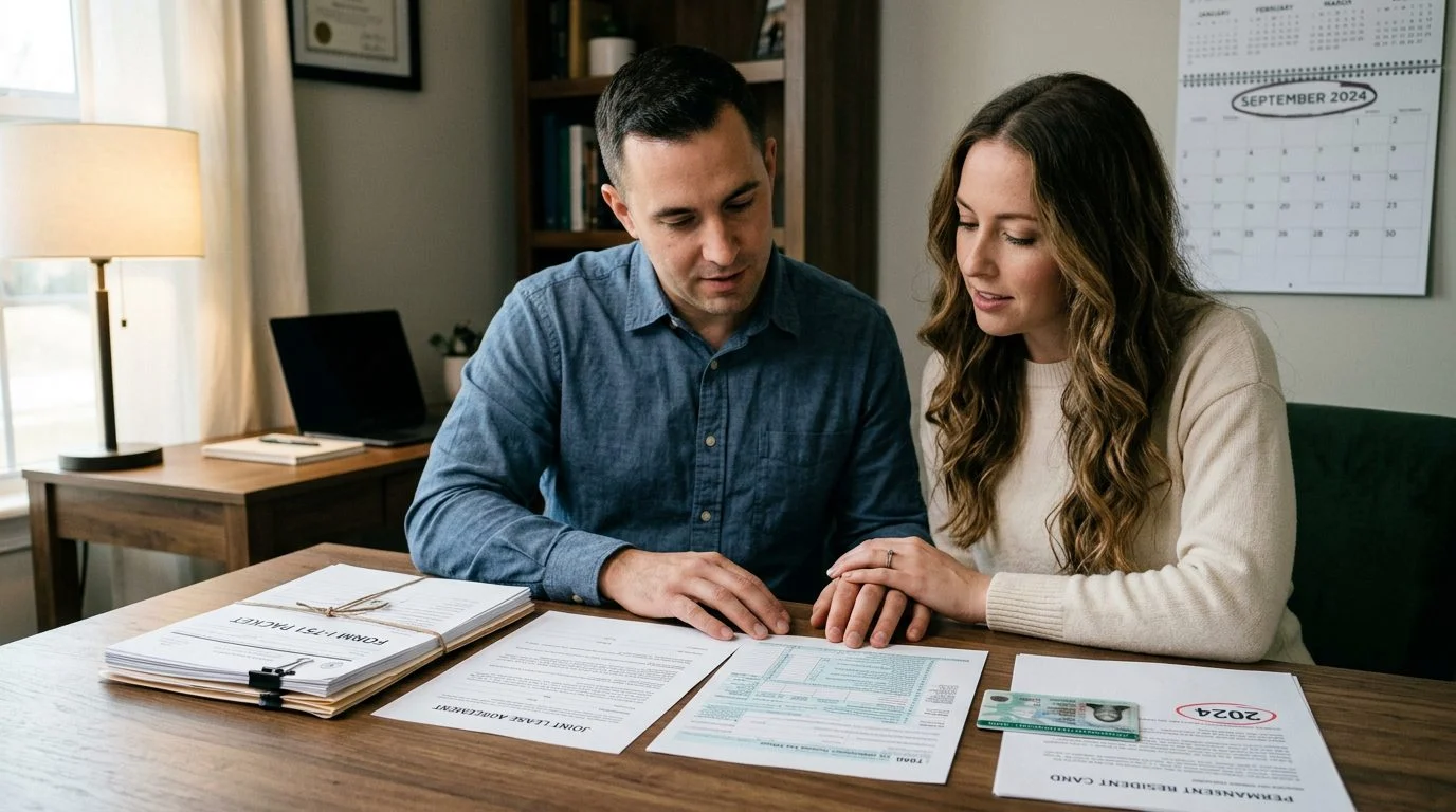 Desk with a joint lease, tax return, Form I-751 packet, and conditional green card beside a circled calendar date.