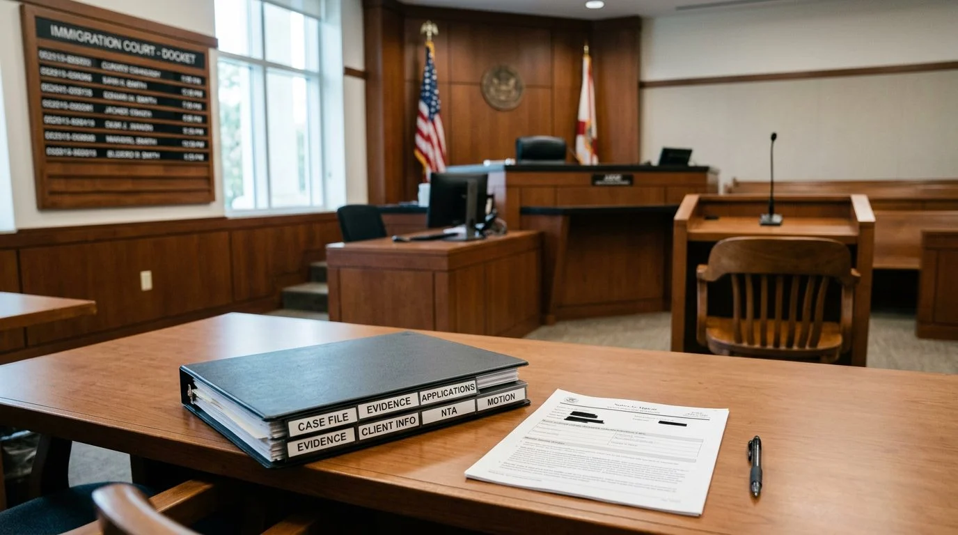 Empty immigration courtroom with a case binder and notice to appear on the defense table, facing the witness chair.