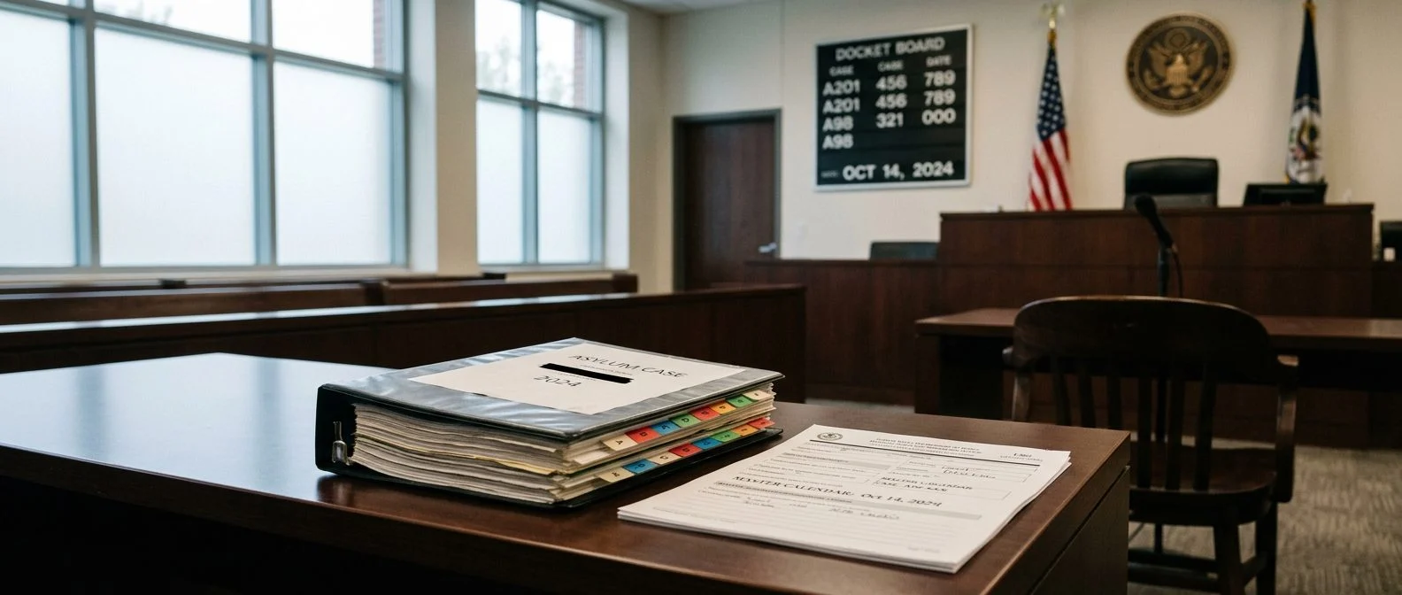 Empty immigration courtroom with a docket board, a notice to appear, and a tabbed case binder on the defense table.