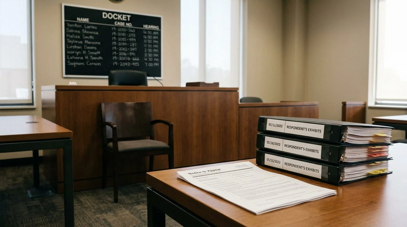 Empty immigration courtroom with a docket board, case binder and notice to appear on the defense table, and an empty witness chair.