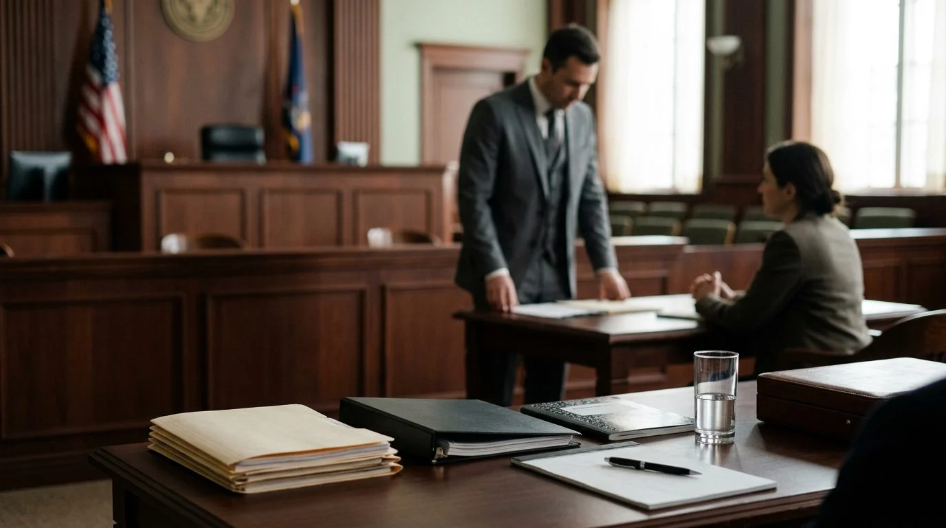 Empty immigration courtroom with wooden benches, a judge's bench, and flags at the front.