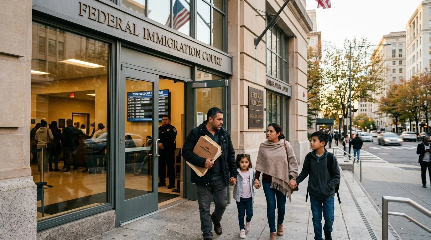 Family leaves a federal immigration court building in late afternoon, carrying a folder of case documents.