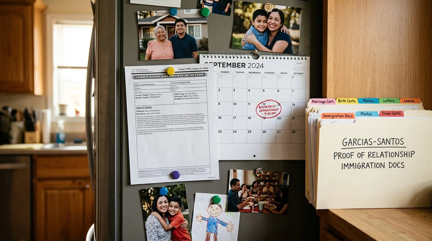 Fridge with a federal filing receipt among family photos, a biometrics date on a calendar, and relationship records.