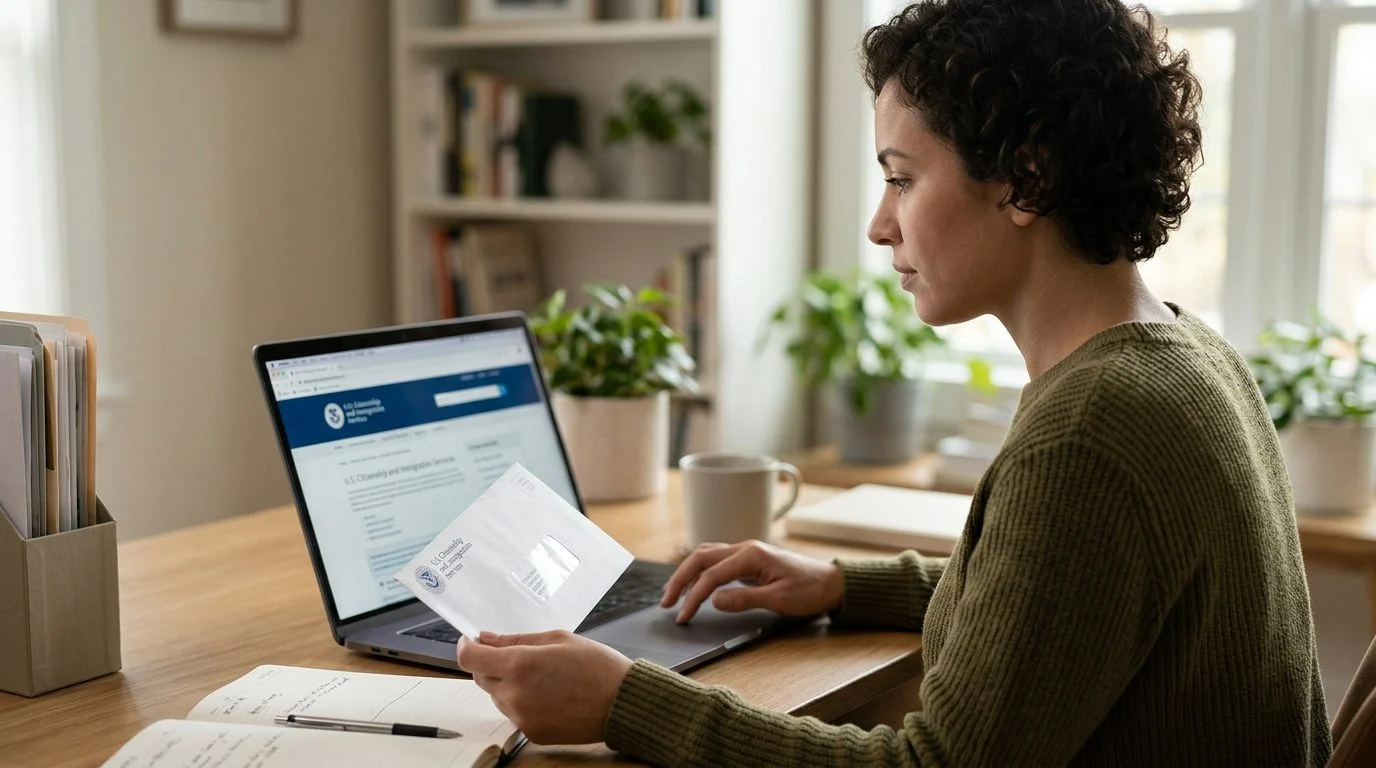 Hands holding a smartphone beside an open laptop and paper forms on a wooden desk, representing checking an online USCIS address record.
