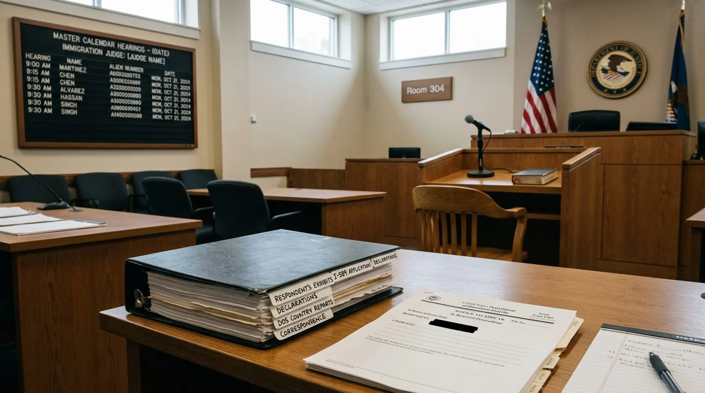 Immigration court hearing room with a defense table holding a case binder and notice to appear, and an empty witness chair.