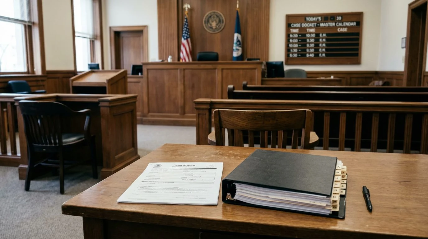 Immigration courtroom with a case binder and notice to appear on the defense table, and an empty witness chair.