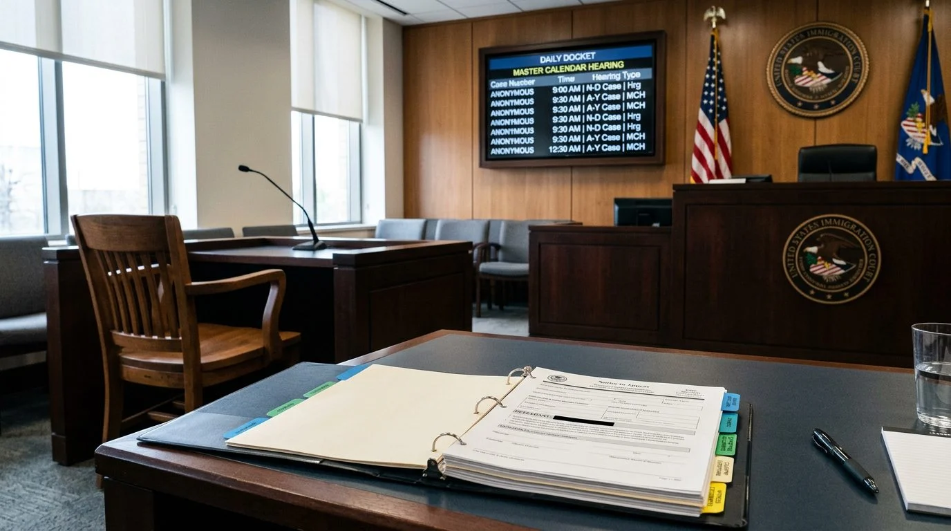Immigration courtroom with a defense table holding a case binder and notice to appear, and an empty witness chair.