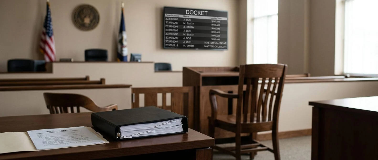 Immigration courtroom with a defense table holding a case binder and notice to appear, facing an empty witness chair.