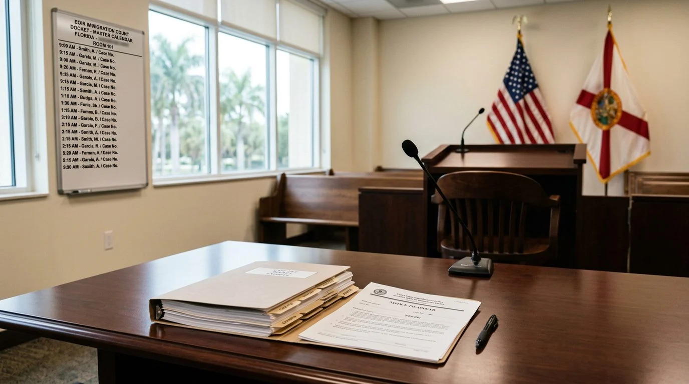 Immigration courtroom with a docket board, notice to appear, and tabbed binder on the defense table.