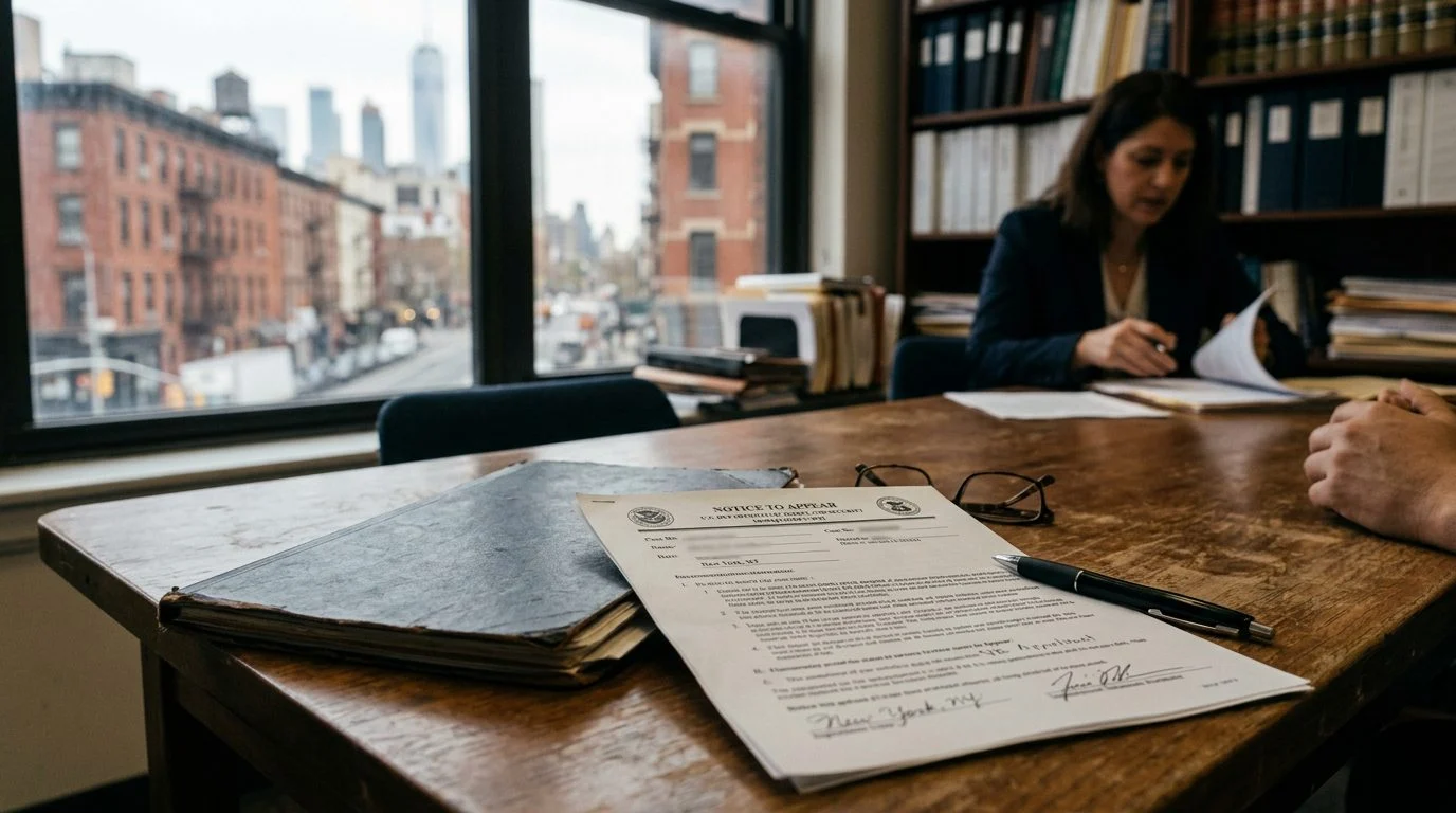 Documentos legales y una pluma sobre un escritorio en un entorno de corte de inmigración en Nueva York.