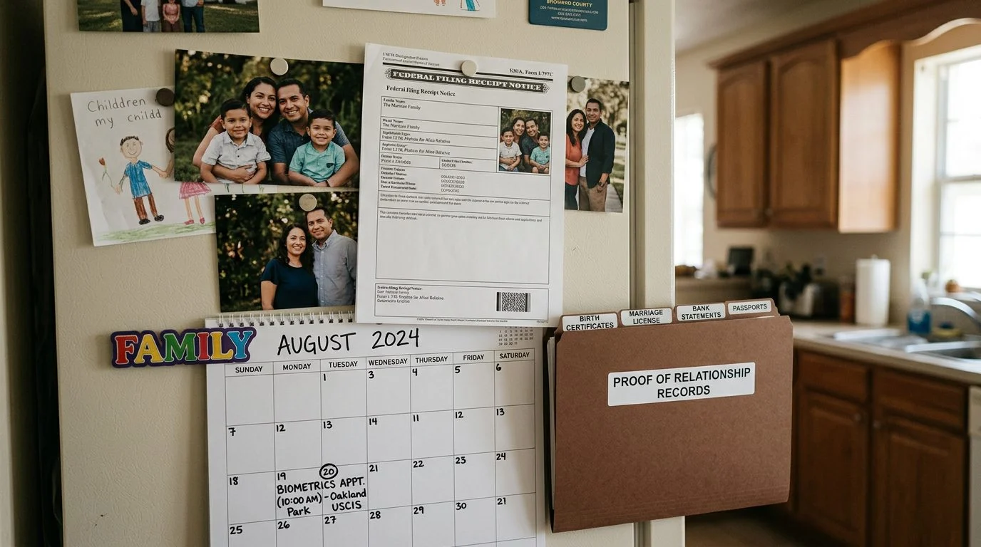 Refrigerador con un aviso de recibo federal sujeto con imán, fotos familiares, un calendario y una carpeta de registros con pestañas.