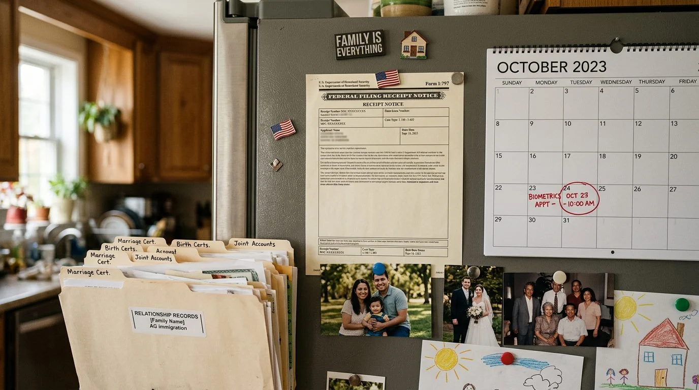 Refrigerator with a federal filing receipt and family photos, beside a calendar and folder of relationship documents.