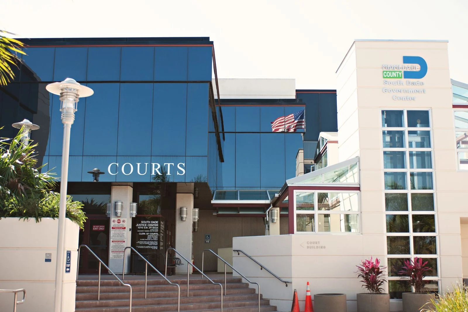 South Dade Justice Center and Government Building facade in Miami, Florida, showing modern architecture.