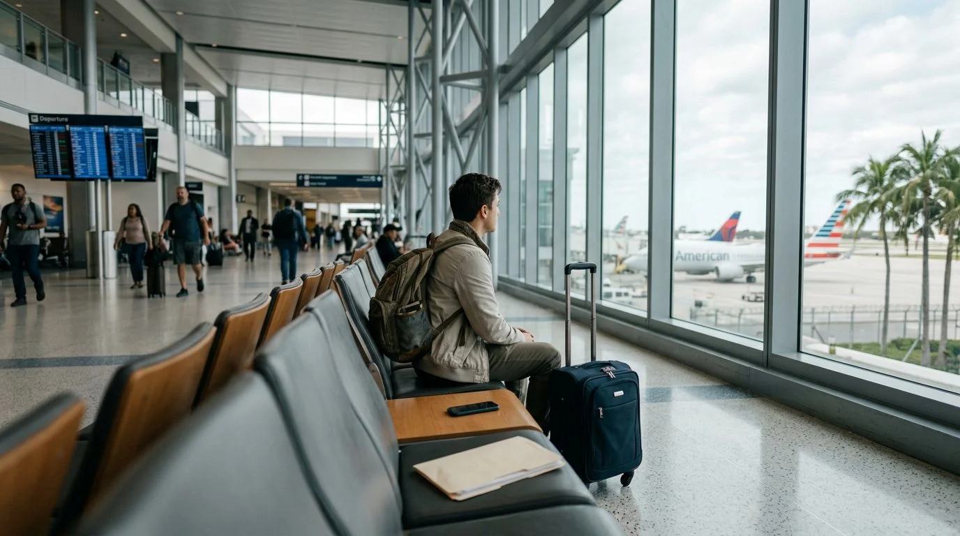 Wide view of an airport terminal departure area with rows of empty seats, large windows, and luggage carts near a check-in counter.