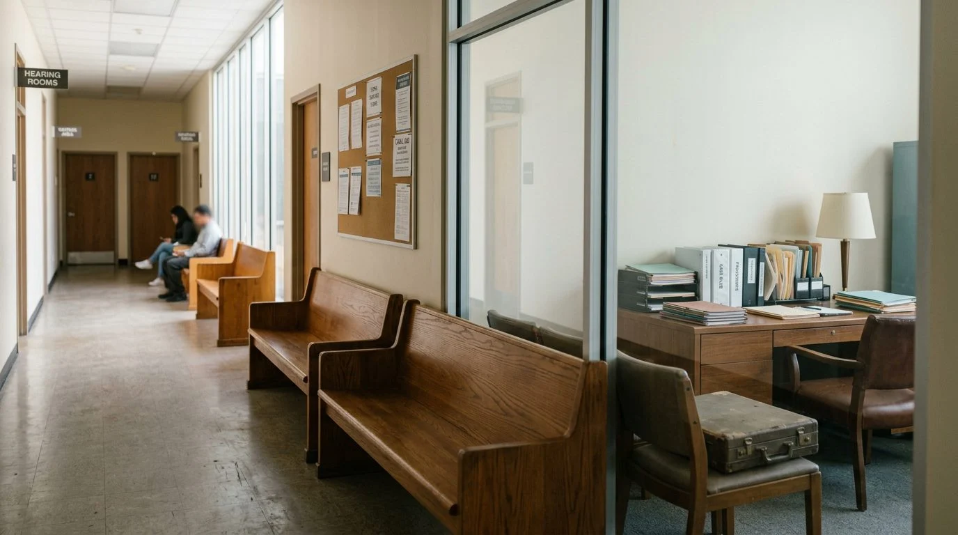 Wide view of an empty immigration court hearing room with rows of seats facing a judge's bench.
