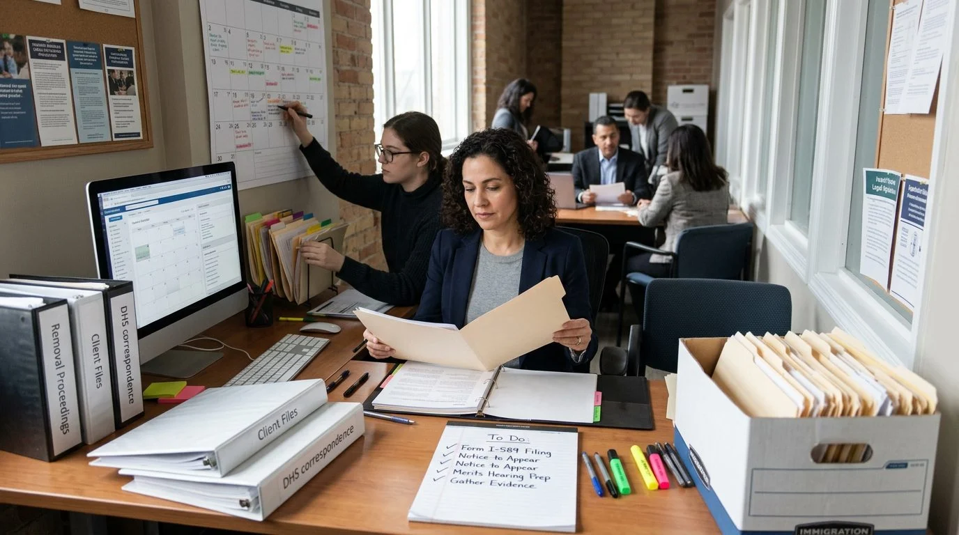 Wide view of an office desk with a wall calendar, paper documents, and a pen for tracking legal deadlines.